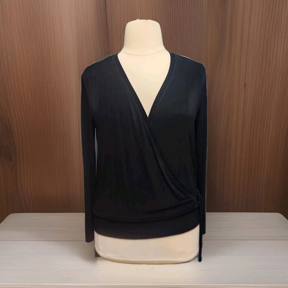 Chico's Travelers Size 2 Large Black Acetate Slinky Knit Pullover Faux Wrap Top